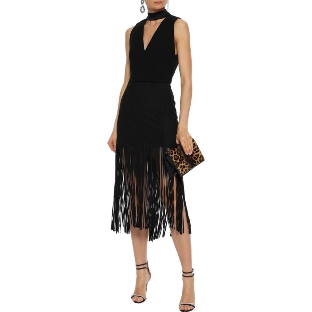 Alice + Olivia Malina Fringed Suede Goat Leather Midi Skirt Size 8 - Picture 2 of 8